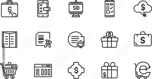 Minimalist business and e-commerce line icons, 15 finance and shopping vector elements, black outline web symbols set