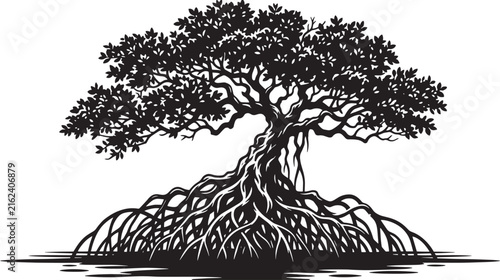 Banyan tree silhouette with complex root system, black mangrove tree vector icon, coastal nature landscape element for logo design
