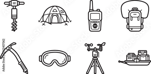 Outdoor adventure equipment icons, 8 black line vector elements for camping and hiking, mountain climbing gear set