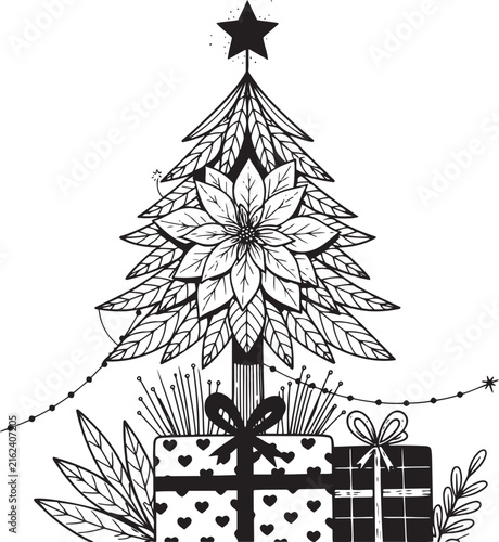 Hand drawn sketch of decorated Christmas tree with poinsettia flower and gift boxes line art vector illustration