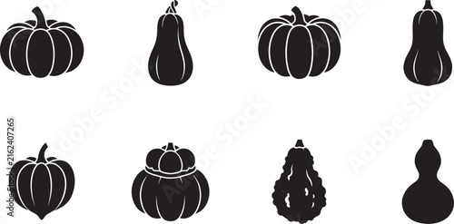 Minimalist pumpkin silhouette icons, set of 8 black squash vector illustrations, autumn harvest gourd symbols for seasonal design