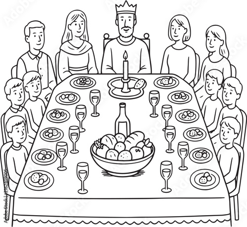 Hand drawn sketch of a medieval king and family having a royal feast at dining table line art vector illustration