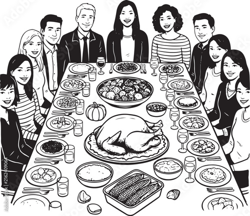 Hand drawn sketch of a large family gathering for Thanksgiving dinner line art vector illustration