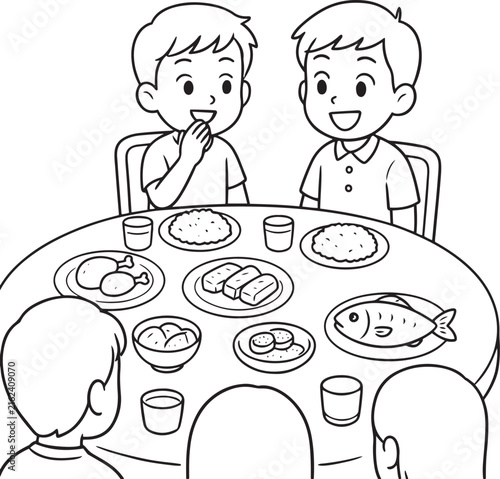 Hand drawn sketch of a family eating dinner together at dining table line art vector illustration