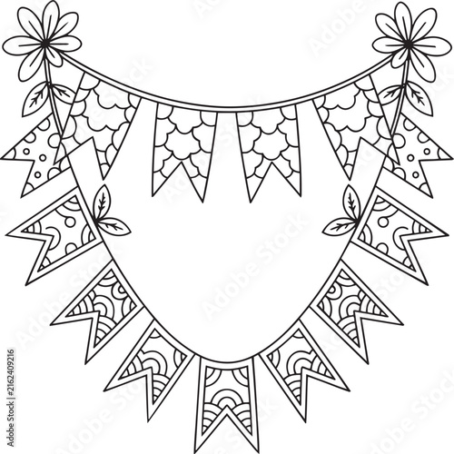 Hand drawn sketch of decorative party bunting garland with patterned flags and flowers line art vector illustration