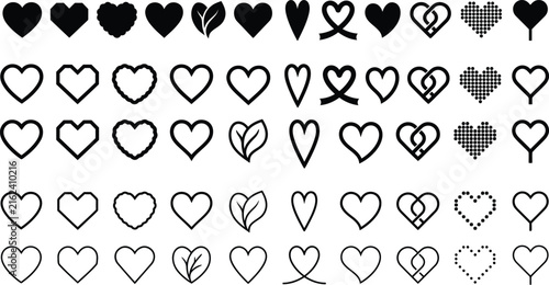 Collection of various hand drawn heart shapes and doodle icons isolated on a white background