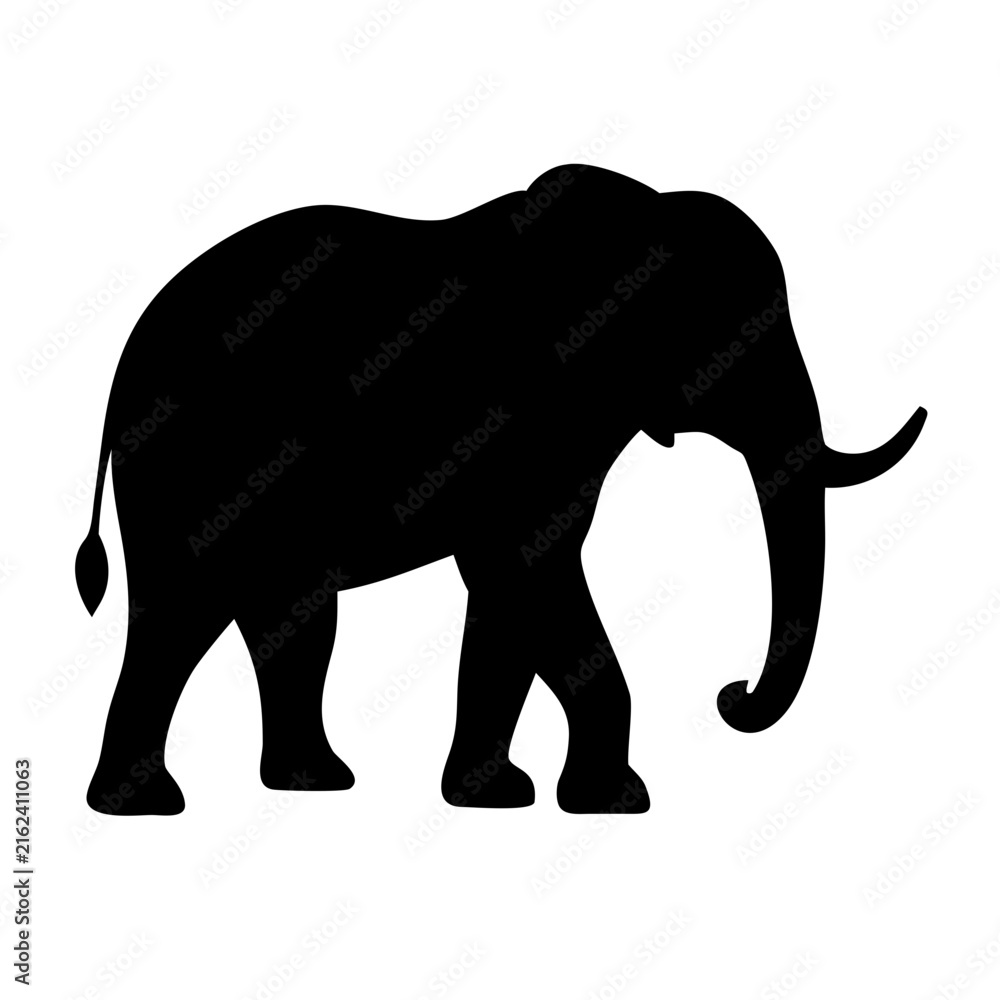 Fototapeta premium Black silhouette of a large african elephant walking, isolated on a plain white