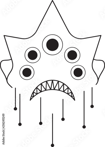 Scary monster face with multiple eyes and sharp teeth line art vector illustration