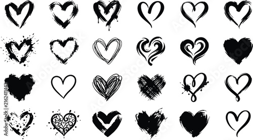 Collection of hand drawn black ink heart shapes isolated on a white background for design elements