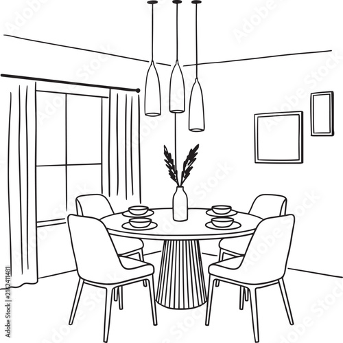 Hand drawn sketch of a modern dining room interior with round table and chairs vector illustration