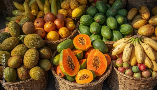 Fresh African market produce displayed in woven baskets, with sliced papaya, bananas, green tropical fruits, jackfruit, and colorful seasonal fruits creating a rich and vibrant food composition.