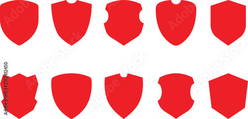 Set of ten different red shield icons isolated on a white background for security and protection concepts