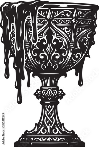 Obraz na plátne Gothic ornate chalice with dripping liquid, vintage medieval goblet vector, dark