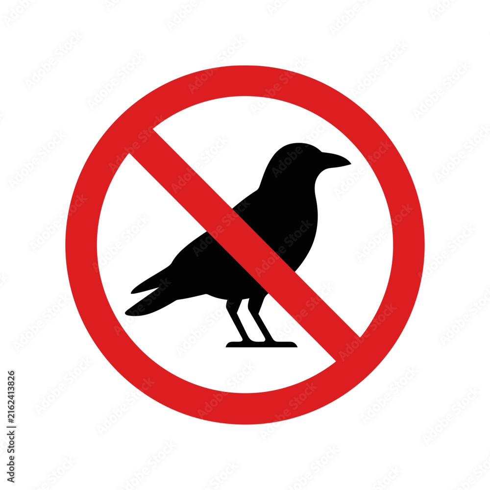 Naklejka premium No birds allowed sign with a black raven silhouette inside a red prohibition circle icon Vector