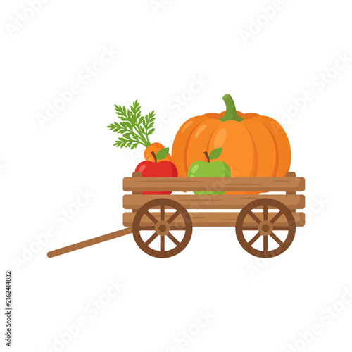 Cuadro en lienzo Wooden wagon filled with a big orange pumpkin and fresh red and green apples for
