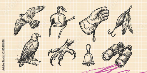 Hand drawn vintage black ink scribble doodle vector set of falconry birds of prey and hawk hunting icons for creative graphic design
