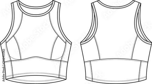 Bild auf Leinwand Women's sports bra and crop top technical flat sketch vector template front and