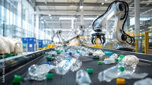 Robotic automation sorting plastic waste on a conveyor line inside a modern recycling facility for sustainable industry
