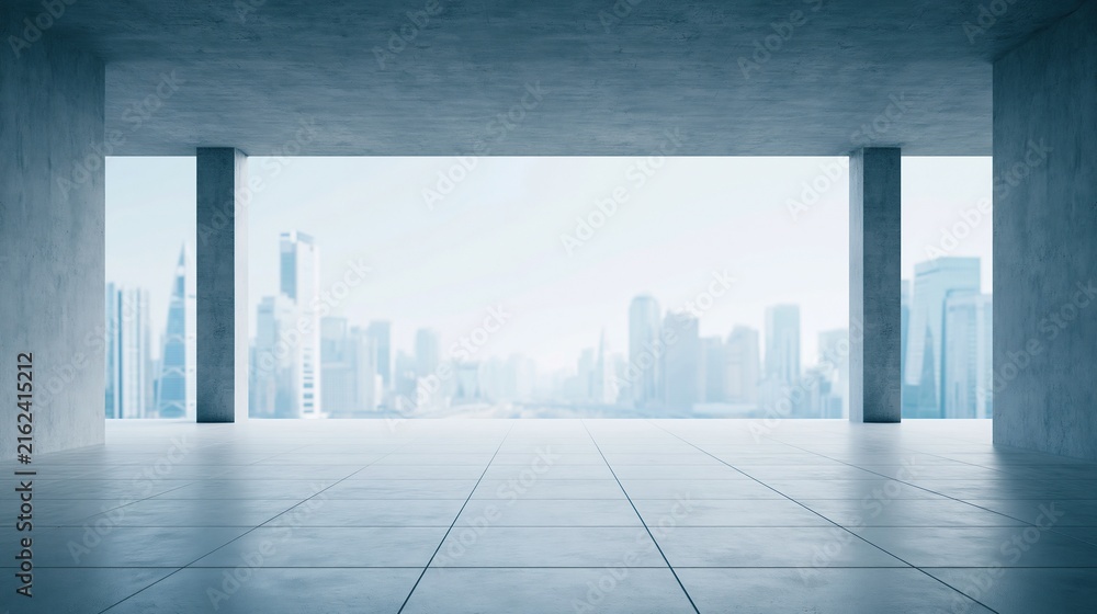 Naklejka premium Modern concrete interior with large open window revealing blurred city skyline outside, creating minimalist and futuristic atmosphere.