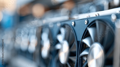 Row of cooling fans on computer hardware for cryptocurrency mining rig setup
