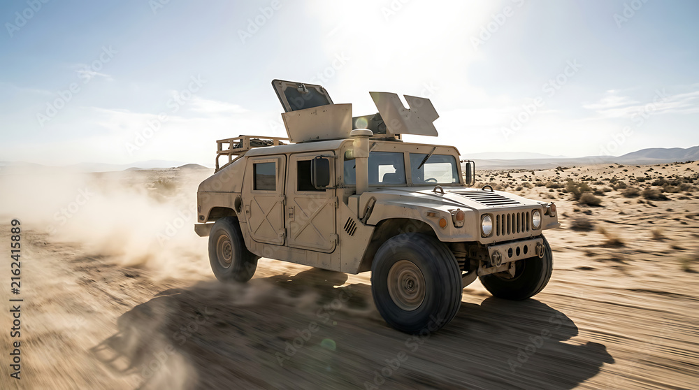 Obraz premium Military Humvee vehicle speeding across a desert landscape, kicking up dust
