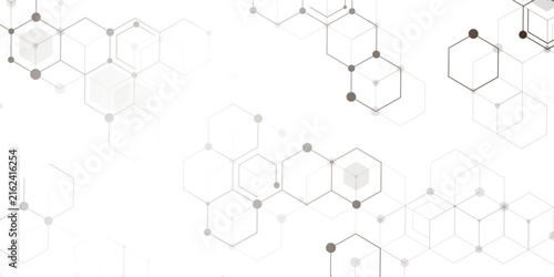 Molecular structure abstract tech background. Geometric white background. Vector banner design with hexagons. Science network pattern, connecting lines and dots Medical background, Vector illustration