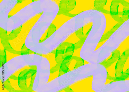 Abstract digital watercolor painting with bold purple wavy brush strokes and green translucent squiggles of color on yellow background. Part of a series. Digital art hand painted. 