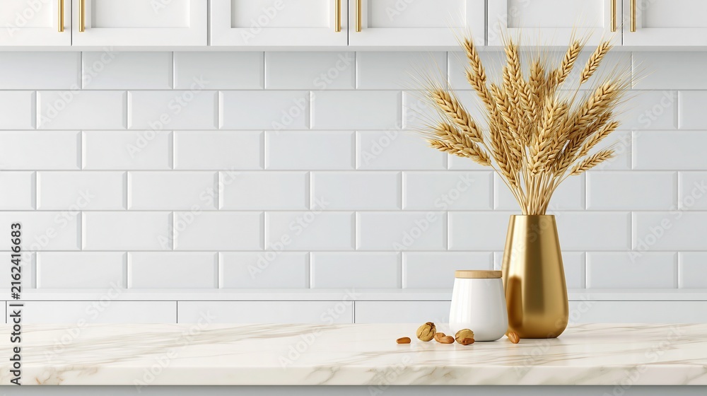 Fototapeta premium Golden Wheat Stalks in a Vase on a Marble Countertop with White Subway Tile Kitchen Background