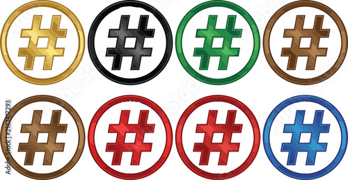 Colorful hashtag symbol set featuring eight vibrant circular icons designed in a modern vector on white background