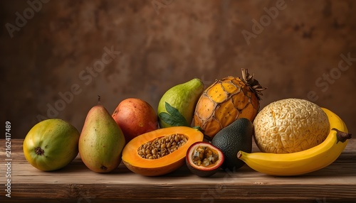 Fresh tropical fruits displayed in a rustic still life composition, including sliced papaya and passion fruit alongside banana, avocado, mango, pear, pineapple, and other colorful exotic fruits.