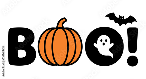 Festive halloween typography boo design featuring a cute orange pumpkin ghost and a black bat graphic element