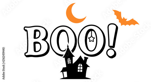 Creative halloween typography boo design featuring a spooky haunted house silhouette with a crescent moon and bat