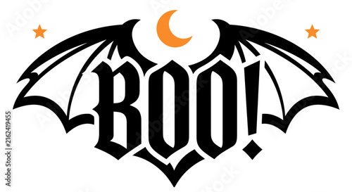Spooky halloween typography boo design featuring black bat wings and a crescent moon for festive holiday party decorations