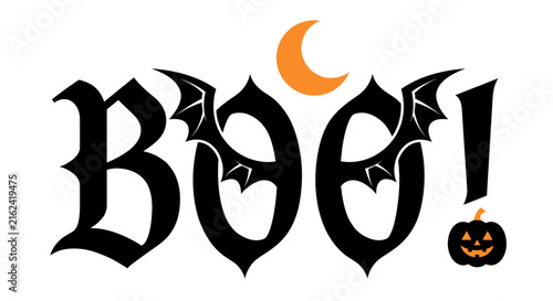 Spooky halloween typography boo design featuring gothic lettering with bat wings a crescent moon and a cute pumpkin
