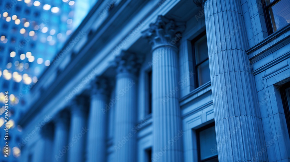 Fototapeta premium Grand Classical Architecture with Majestic Columns and Modern Skyscraper Backdrop in Blue Tones