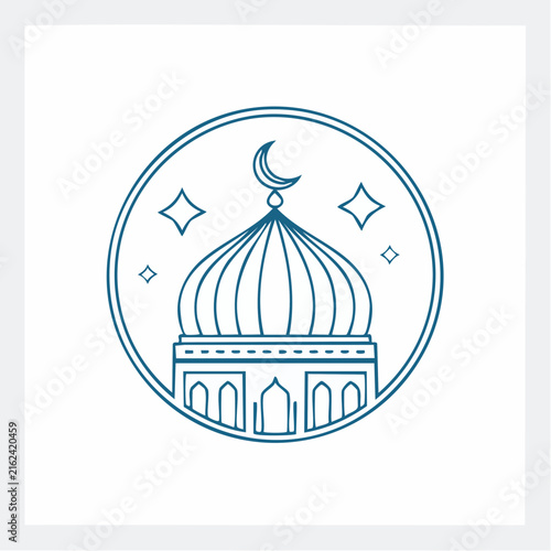 A minimalist blue line art icon depicts a mosque dome with a crescent moon and stars.
