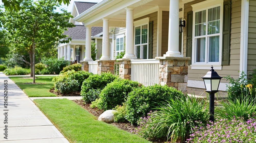 Fototapeta premium Beautiful Suburban Homes with Welcoming Porches and Lush Green Landscaping on a Sunny Day