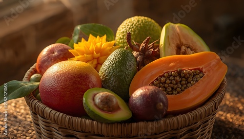 A colorful assortment of African and tropical fruits arranged in a rustic woven basket, featuring papaya, mango, avocado, passion fruit, guava, and other fresh exotic produce in warm natural light.