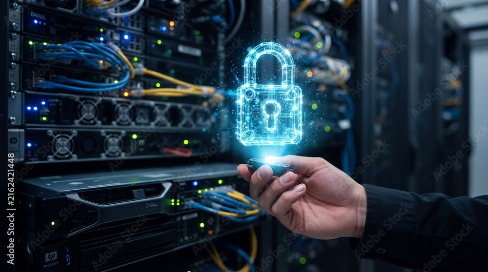Fototapeta premium A hand holding a glowing digital blue padlock hologram in a server room with racks of ad social media download thambnail poster web template event festival 2026 2027 2028