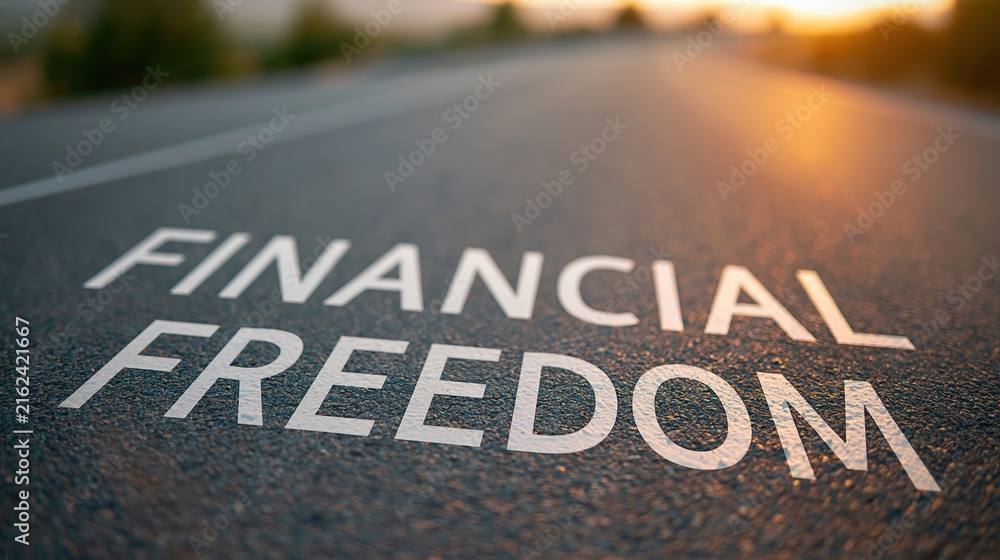 Fototapeta premium Financial freedom text painted on asphalt road stretching toward golden sunset horizon symbolizing journey to wealth and independence