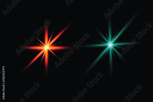 Two glowing starburst light effects in orange and teal isolated on a solid black background