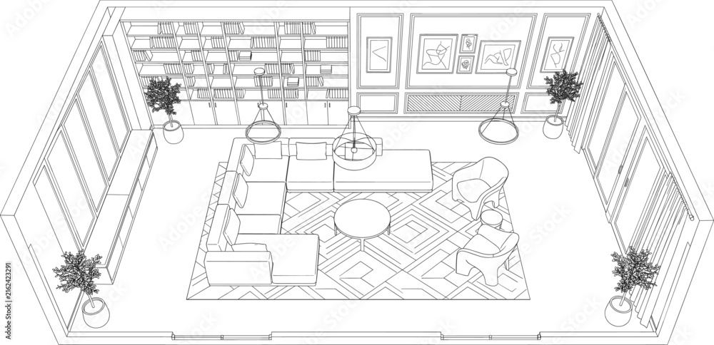 Fototapeta premium Architectural sketch of a modern living room interior with a sectional sofa and bookcase