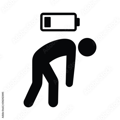 Depleted energy concept icon of tired person with low battery symbol for burnout and fatigue vector