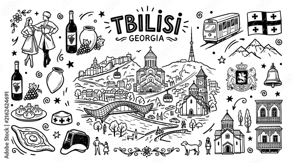 Fototapeta premium Tbilisi Georgia travel doodle illustration, hand drawn city landmark line art style