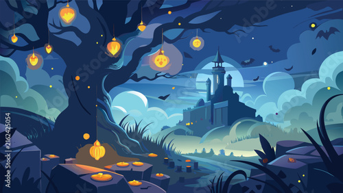 Editorial mystical enchanted forest with glowing lanterns vector illustration lanterns enchanted halloween atmospheric background landscape celebration mystical woodland fairytale