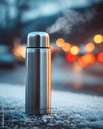 Steaming Thermos in Winter Urban Setting for Cozy Travel Inspiration