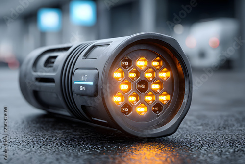 High-Tech LED Flashlight on Wet Surface for Outdoor Adventures and Emergency Preparedness