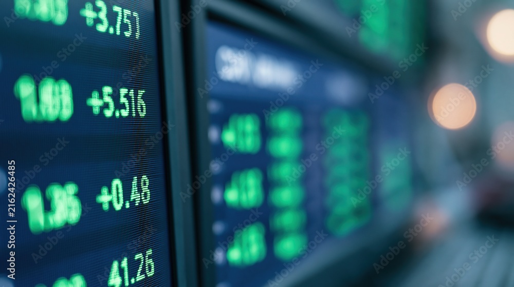 Obraz premium Digital Stock Market Ticker Display Showing Financial Data and Stock Prices in Real-Time