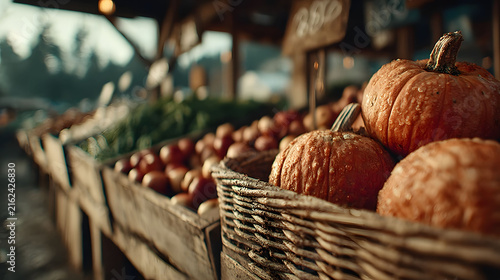 Autumn Harvest at Local Farmers Market: Vibrant Pumpkins and Fresh Produce Display