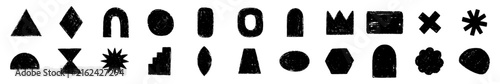 Grunge geometric shape collection with rough ink marks, linocut grain texture and distressed handmade vector elements